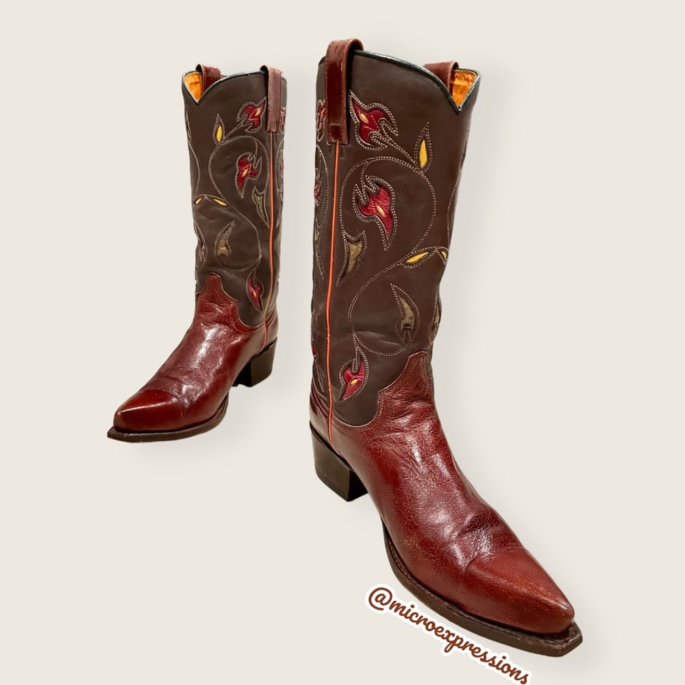 1970s VINTAGE Frye Prairie Flower Boho Brown Real Leather Western Cowboy Boots - Picture 7 of 16
